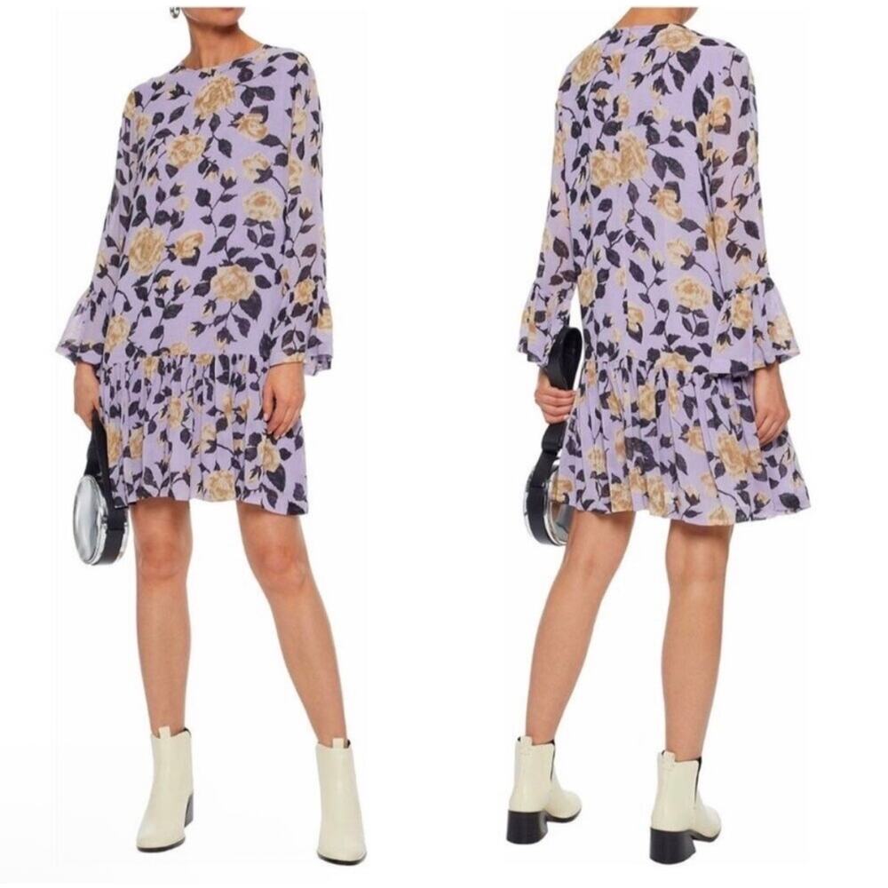 GANNI Carlton Georgette Drop Waist Floral Mini Dress Purple Lilac 34 / US 2